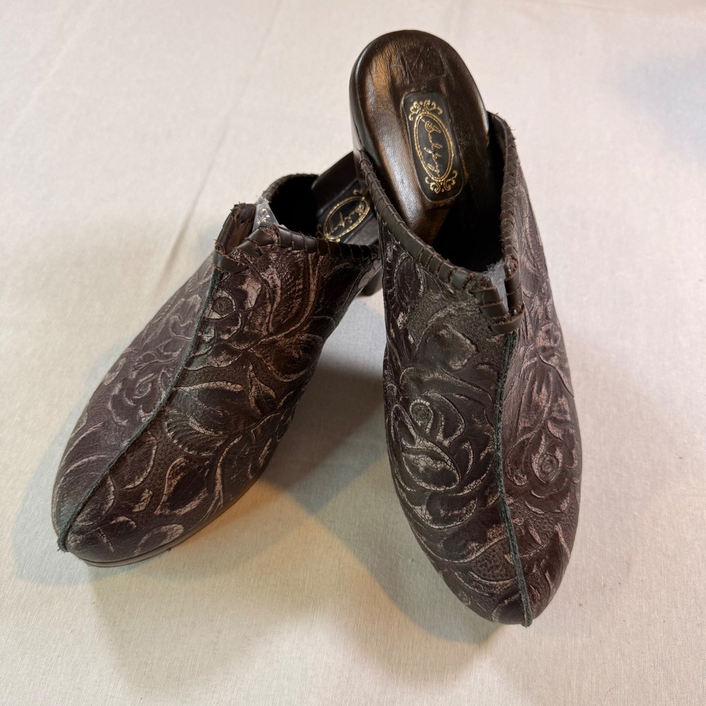 Salpy Clogs Womens 9.5 Brown Handmade Embossed Leather Floral Mules Wooden Heel